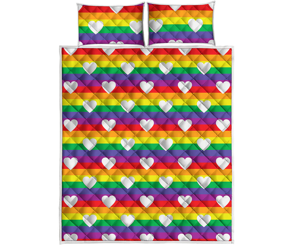 White Heart On LGBT Pride Striped Print Quilt Bed Set