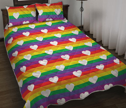 White Heart On LGBT Pride Striped Print Quilt Bed Set