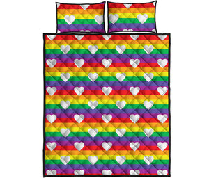 White Heart On LGBT Pride Striped Print Quilt Bed Set
