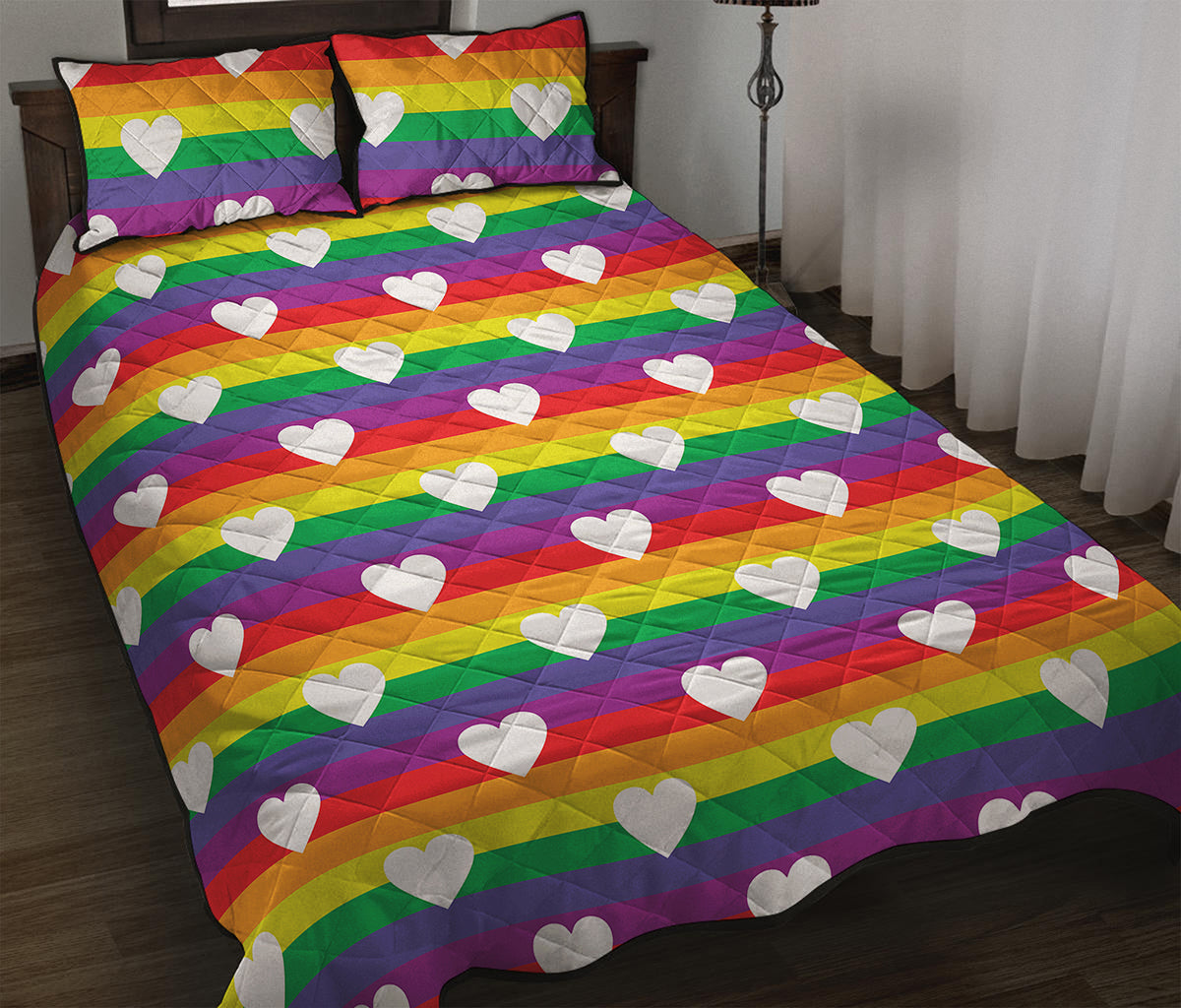 White Heart On LGBT Pride Striped Print Quilt Bed Set