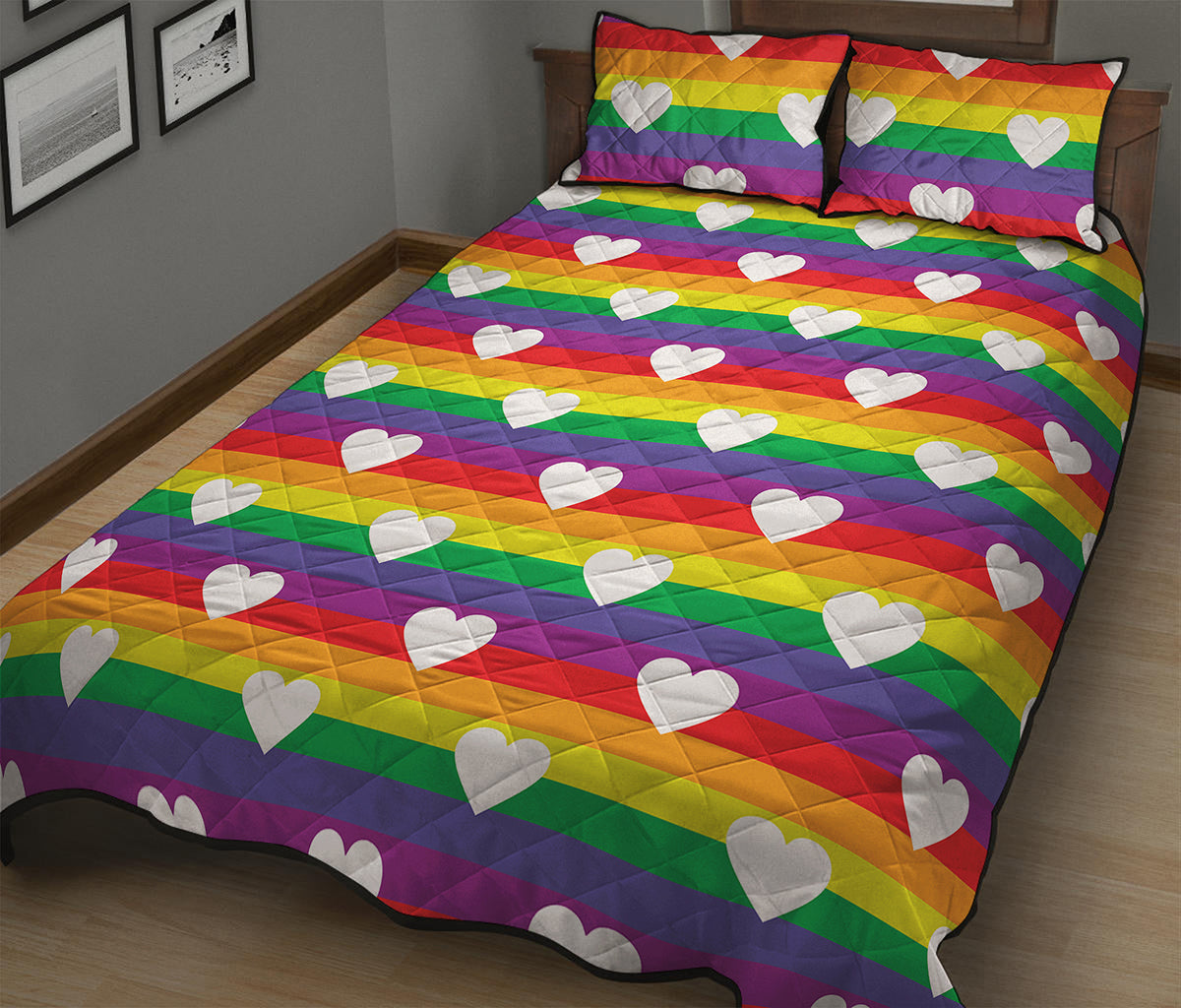 White Heart On LGBT Pride Striped Print Quilt Bed Set