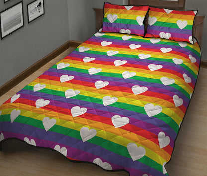 White Heart On LGBT Pride Striped Print Quilt Bed Set