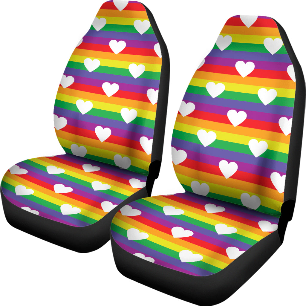 White Heart On LGBT Pride Striped Print Universal Fit Car Seat Covers