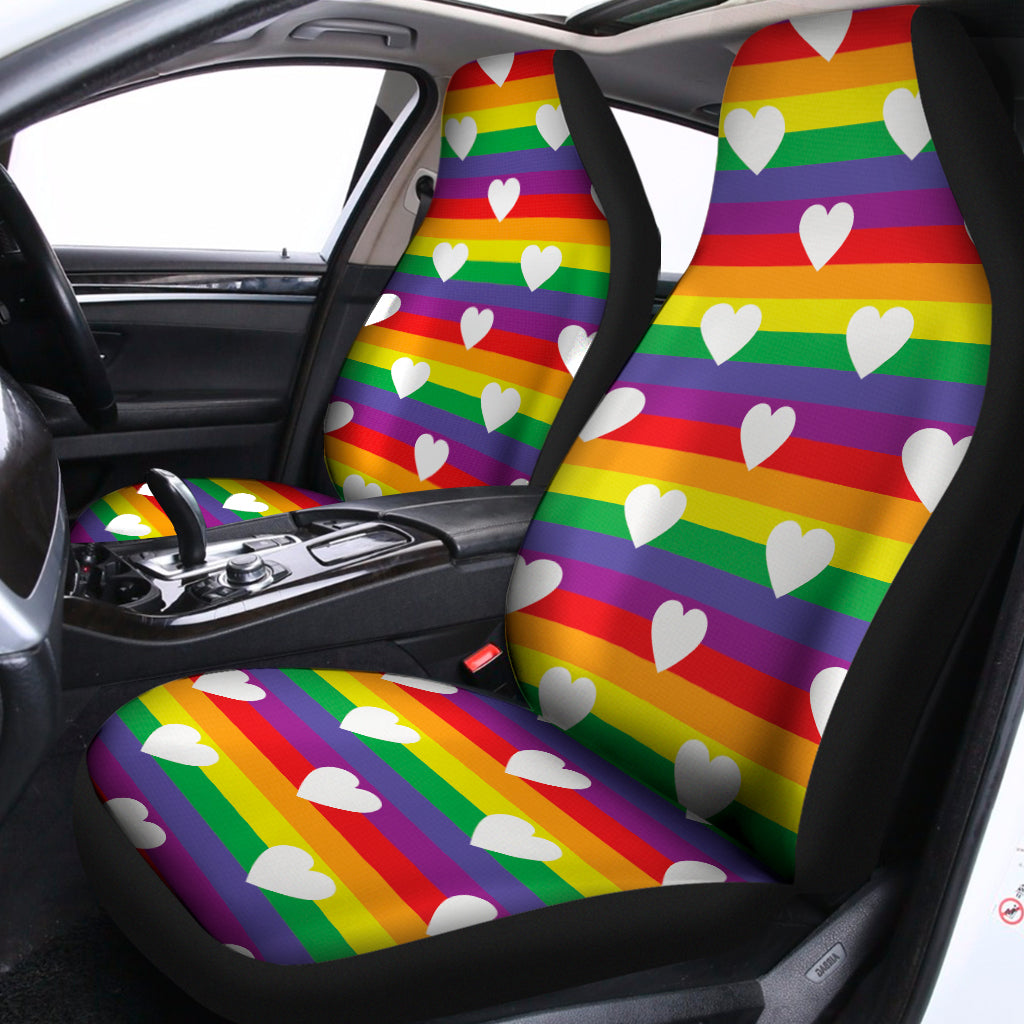 White Heart On LGBT Pride Striped Print Universal Fit Car Seat Covers