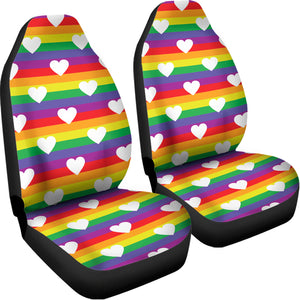White Heart On LGBT Pride Striped Print Universal Fit Car Seat Covers