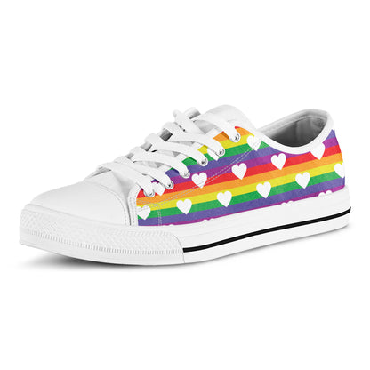 White Heart On LGBT Pride Striped Print White Low Top Shoes