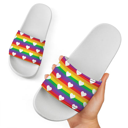 White Heart On LGBT Pride Striped Print White Slide Sandals