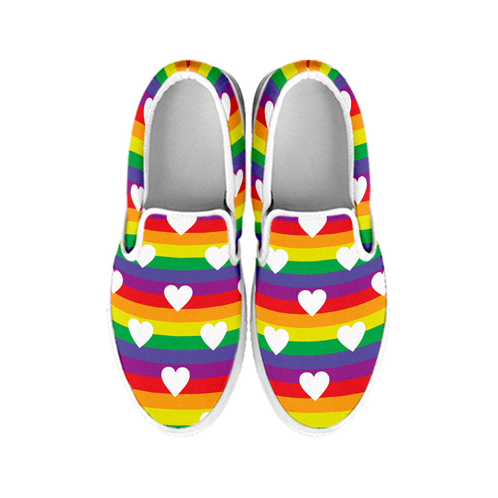 White Heart On LGBT Pride Striped Print White Slip On Shoes