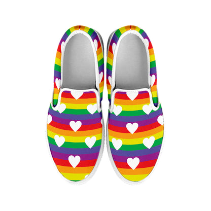 White Heart On LGBT Pride Striped Print White Slip On Shoes