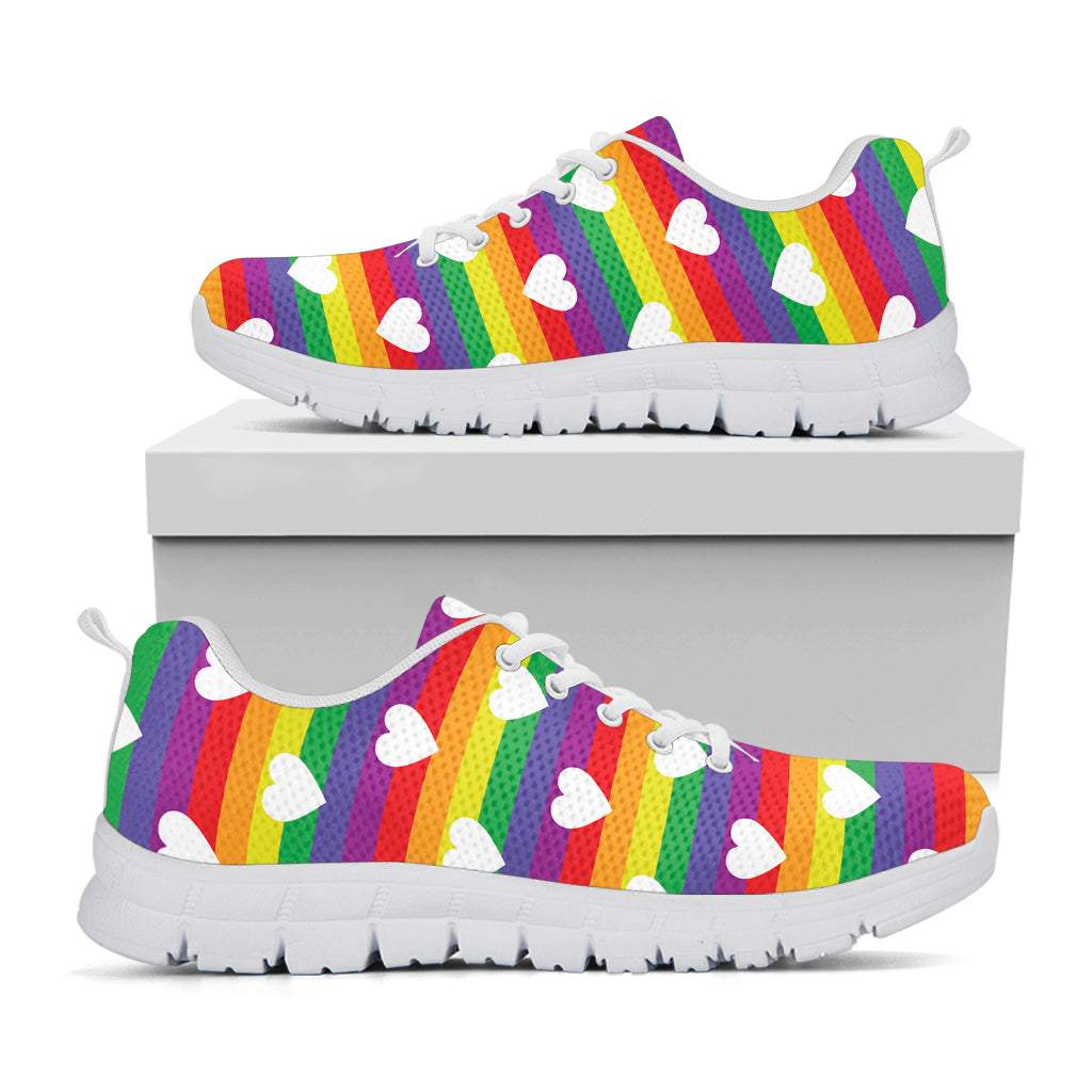 White Heart On LGBT Pride Striped Print White Sneakers