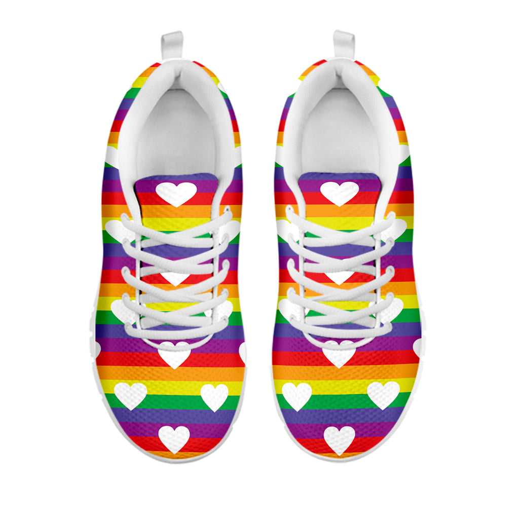 White Heart On LGBT Pride Striped Print White Sneakers