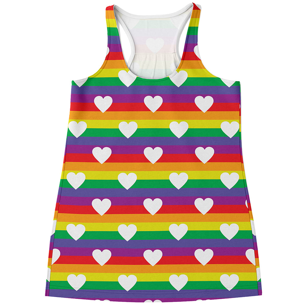 White Heart On LGBT Pride Striped Print Women's Racerback Tank Top