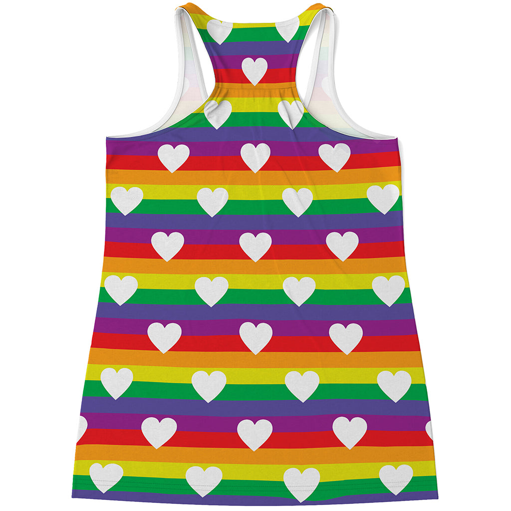 White Heart On LGBT Pride Striped Print Women's Racerback Tank Top