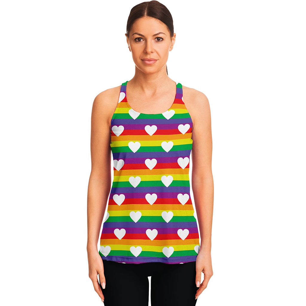 White Heart On LGBT Pride Striped Print Women's Racerback Tank Top