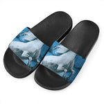 White Horse Painting Print Black Slide Sandals
