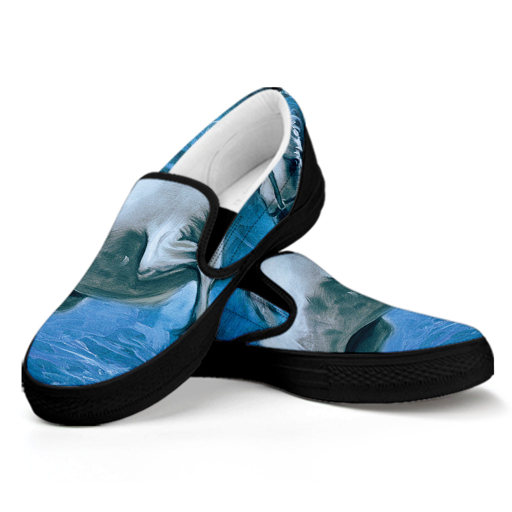 White Horse Painting Print Black Slip On Shoes