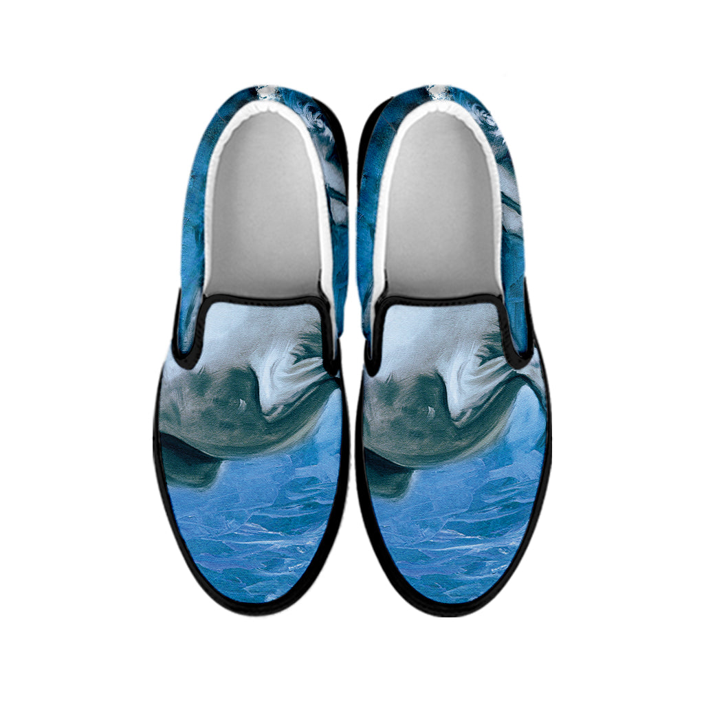 White Horse Painting Print Black Slip On Shoes