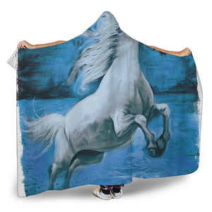 White Horse Painting Print Hooded Blanket