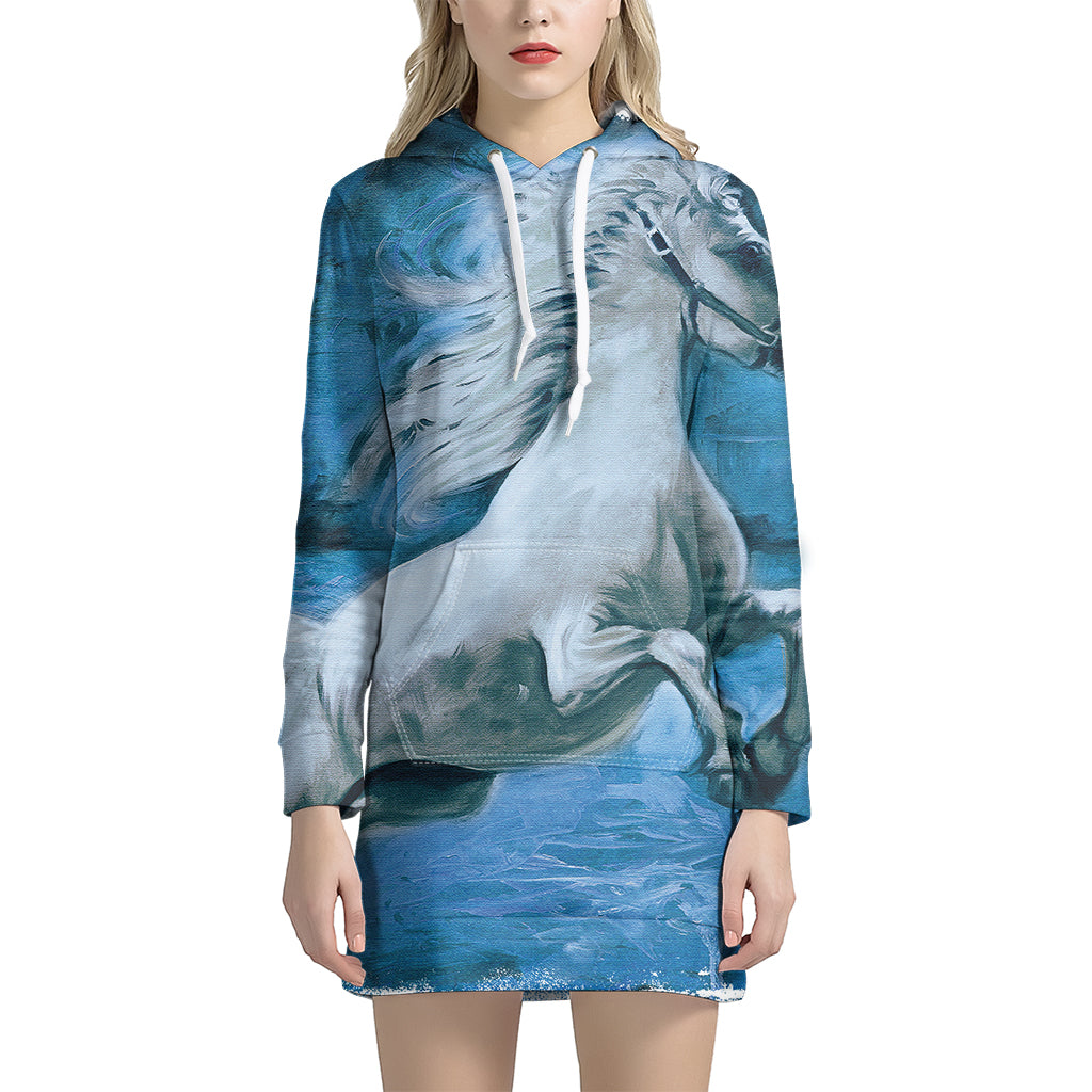White Horse Painting Print Pullover Hoodie Dress