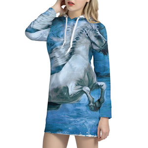 White Horse Painting Print Pullover Hoodie Dress