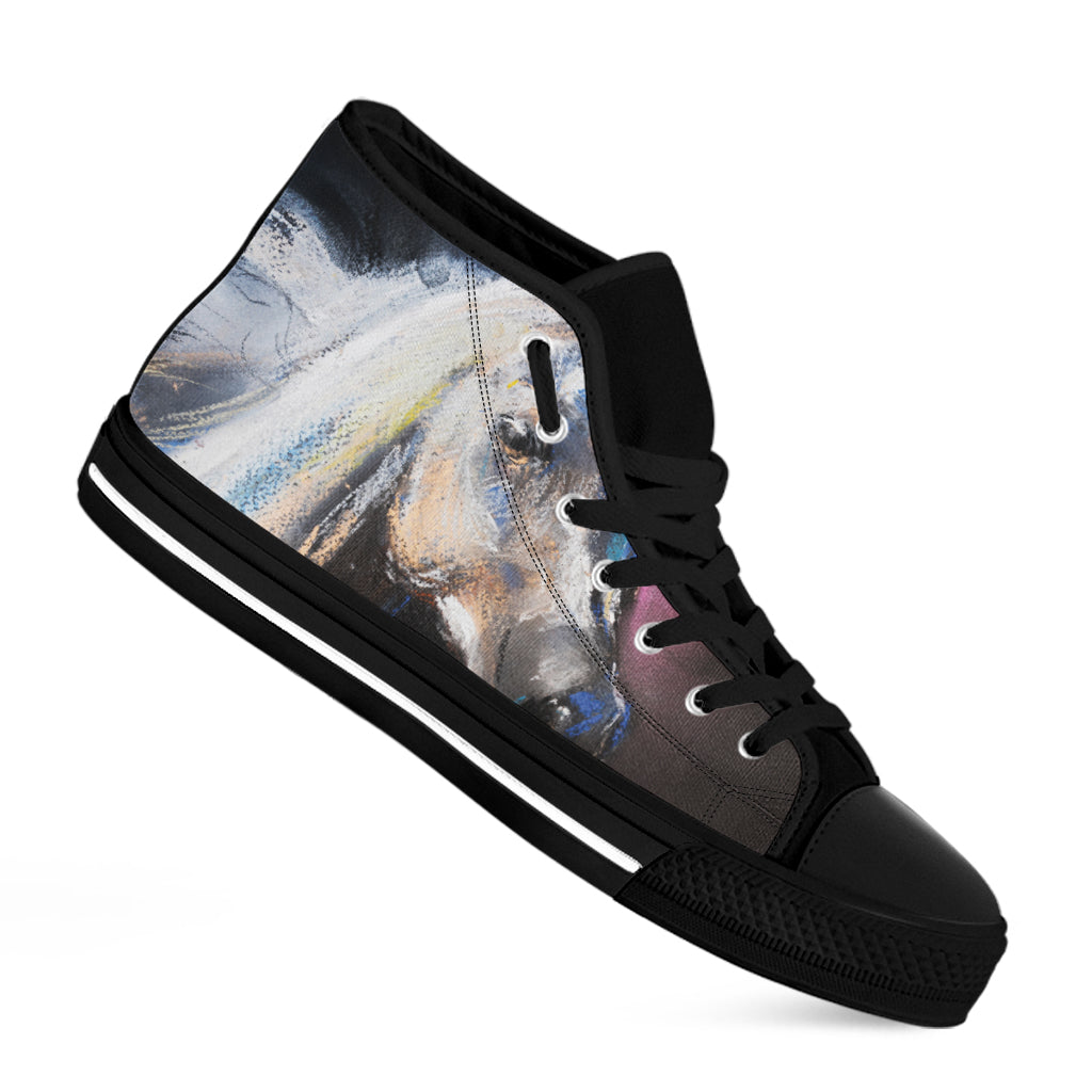 White Horse Portrait Print Black High Top Shoes