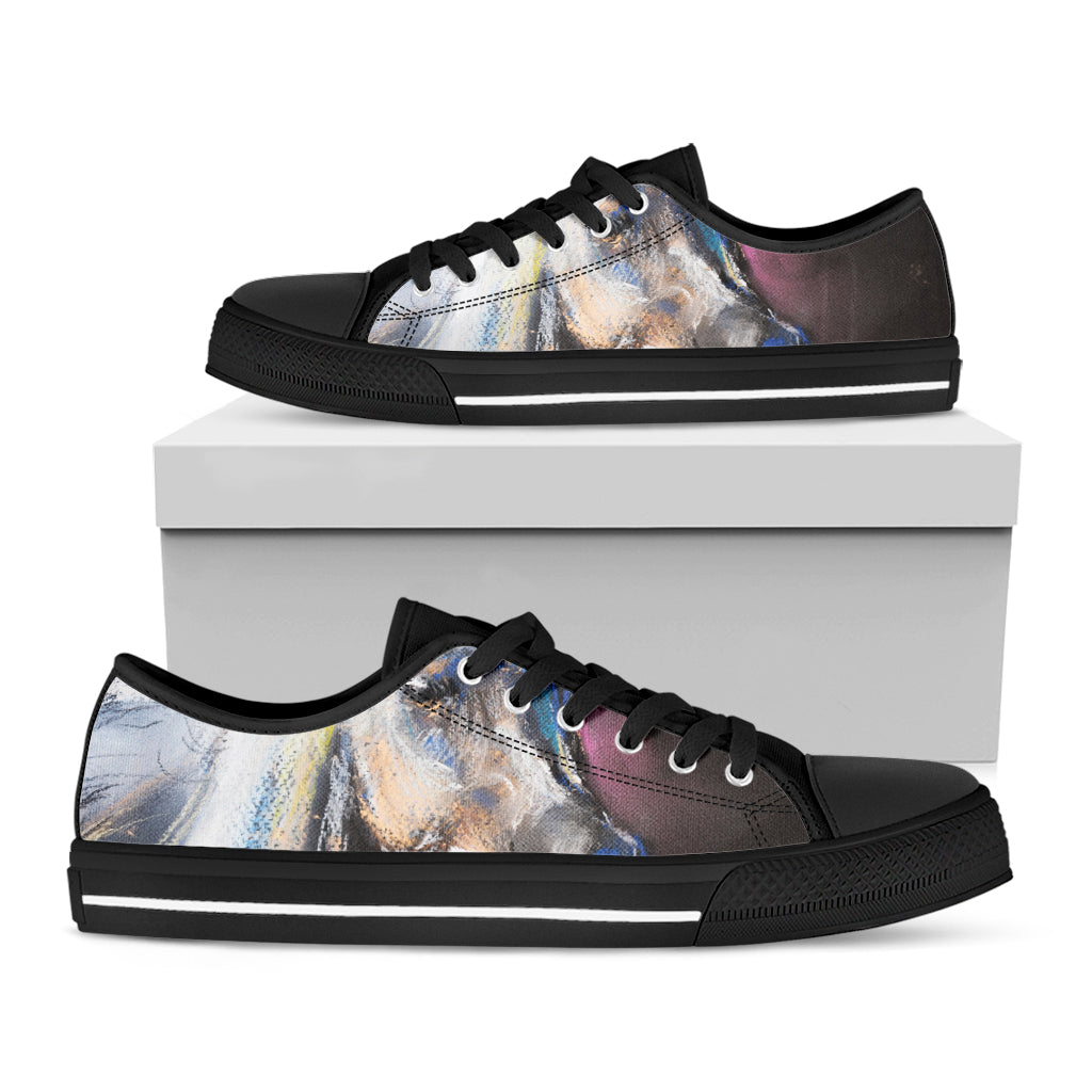 White Horse Portrait Print Black Low Top Shoes 