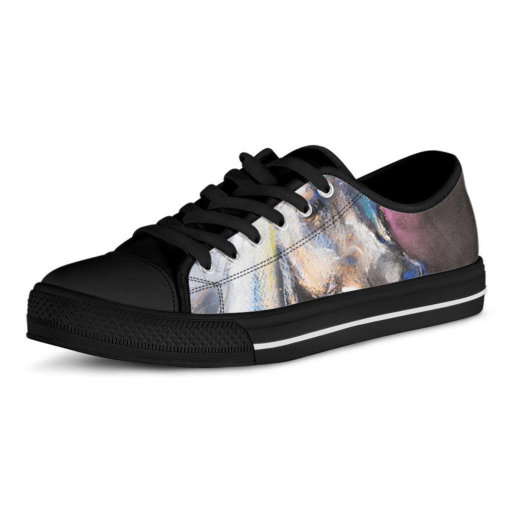 White Horse Portrait Print Black Low Top Shoes 