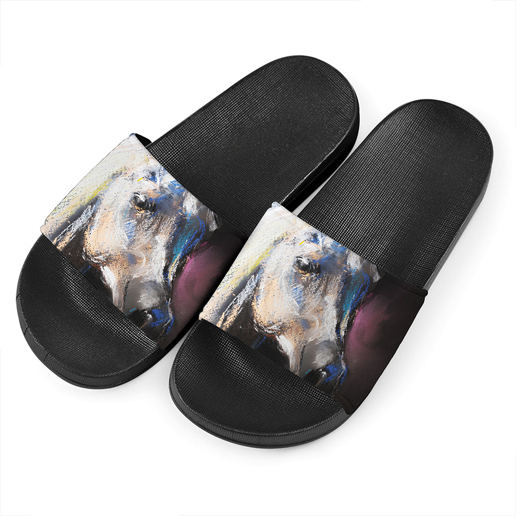 White Horse Portrait Print Black Slide Sandals