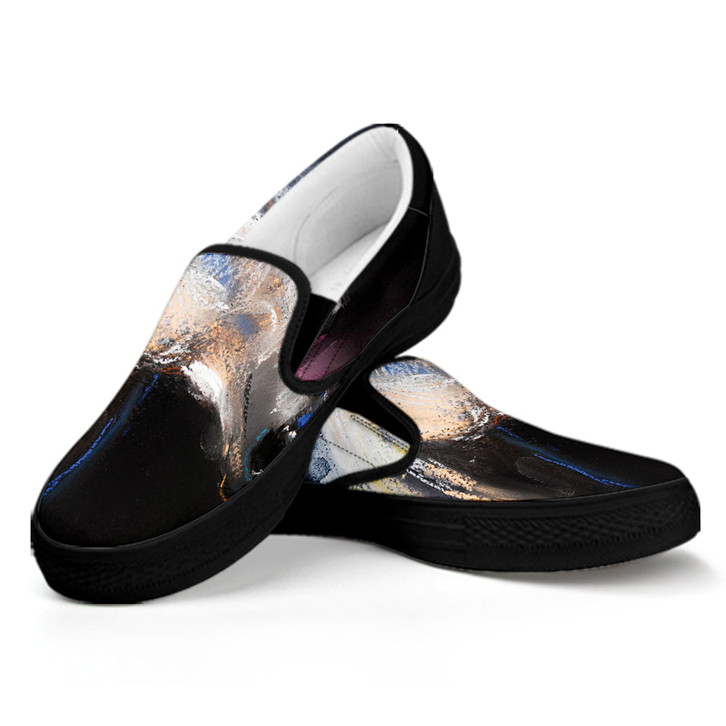 White Horse Portrait Print Black Slip On Shoes