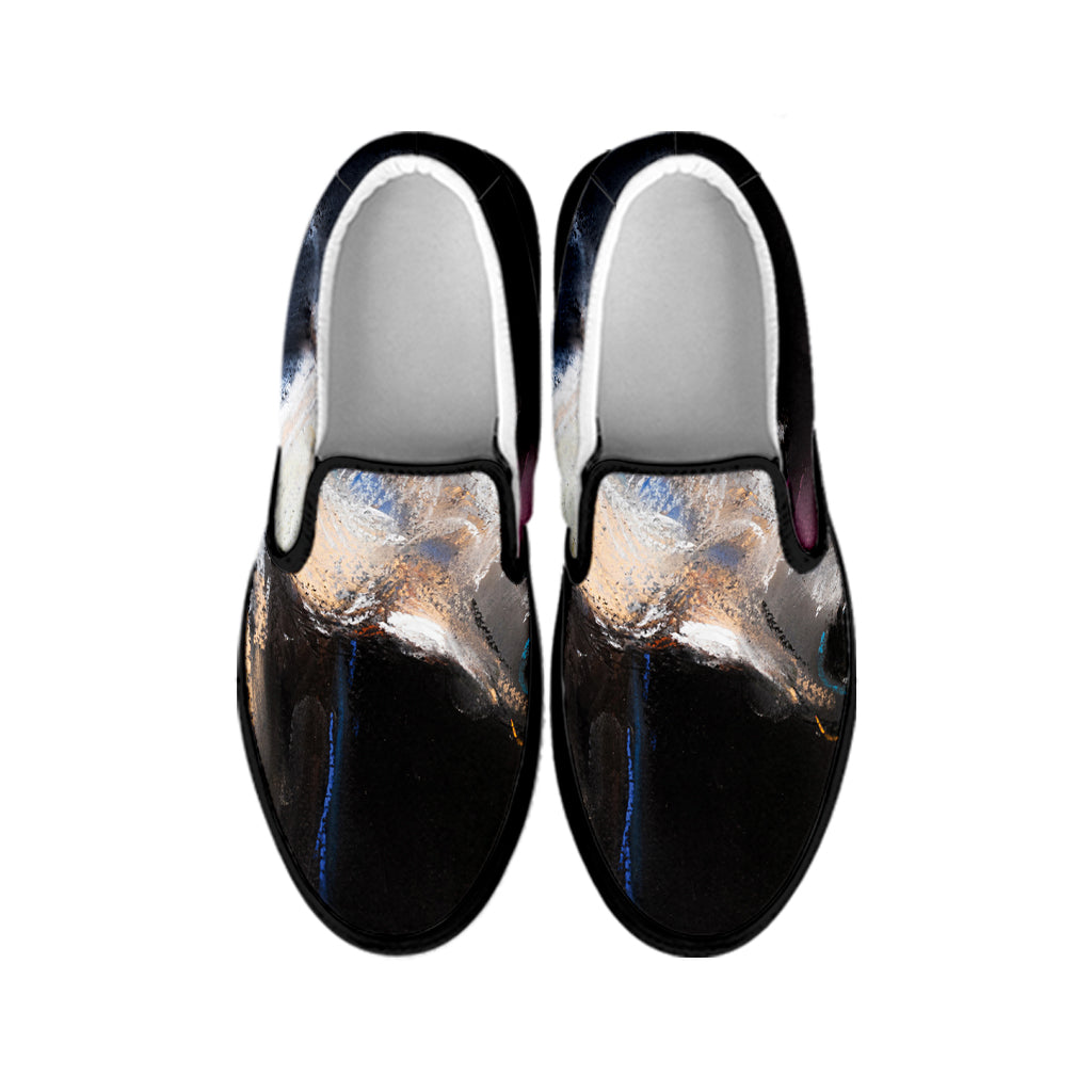 White Horse Portrait Print Black Slip On Shoes