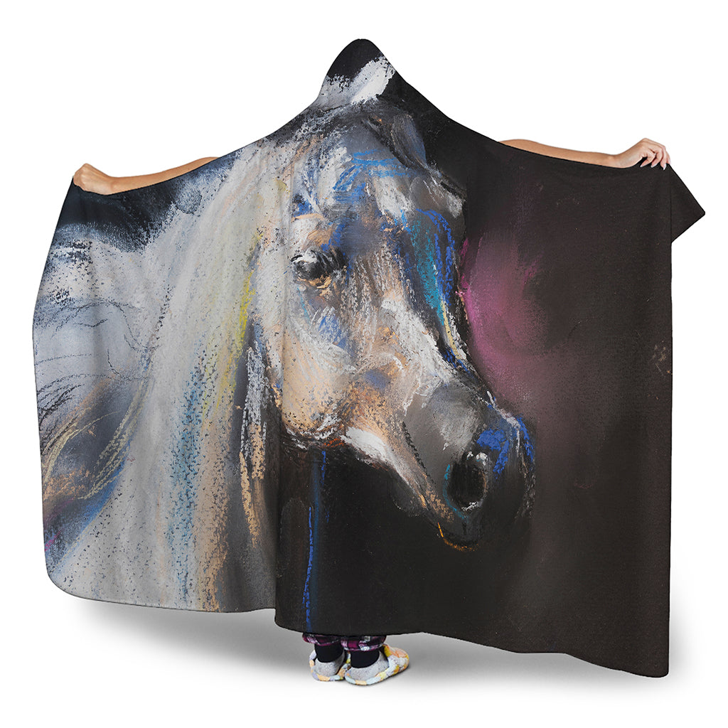 White Horse Portrait Print Hooded Blanket