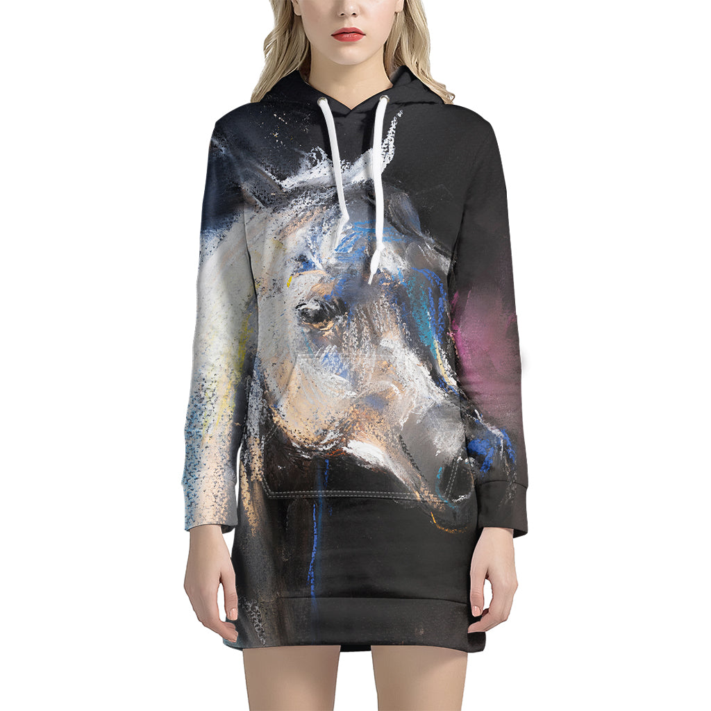 White Horse Portrait Print Pullover Hoodie Dress