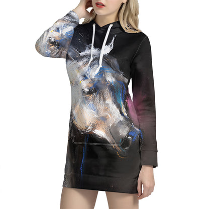 White Horse Portrait Print Pullover Hoodie Dress