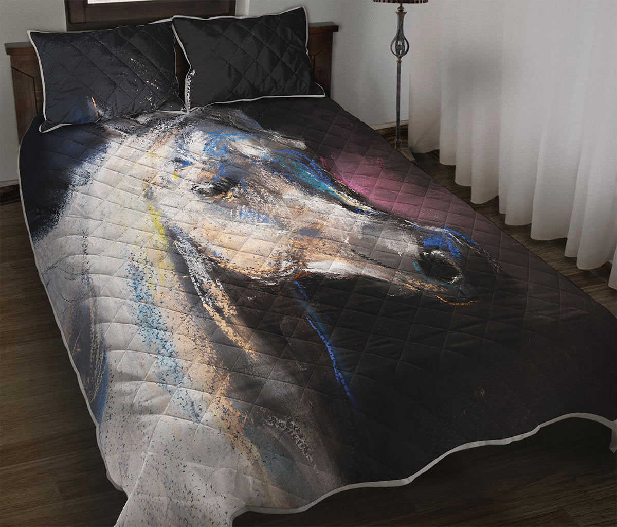 White Horse Portrait Print Quilt Bed Set