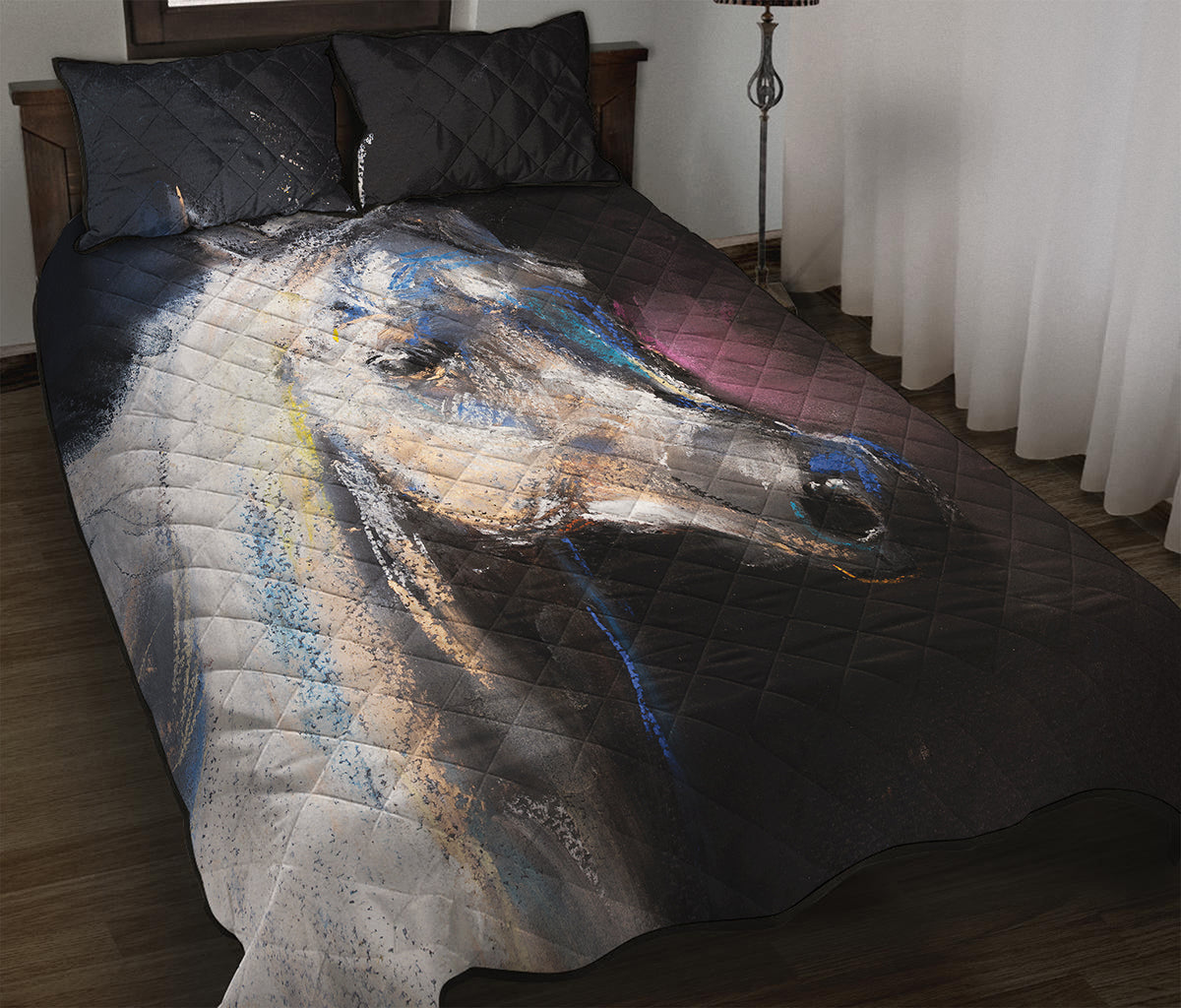 White Horse Portrait Print Quilt Bed Set