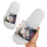 White Horse Portrait Print White Slide Sandals