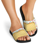 White Ice Cream Melted Print Black Slide Sandals