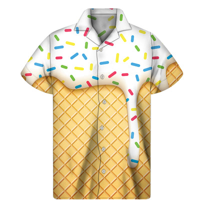 White Ice Cream Melted Print Men's Short Sleeve Shirt