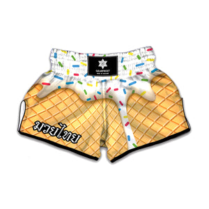 White Ice Cream Melted Print Muay Thai Boxing Shorts