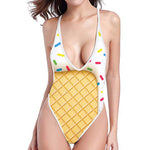 White Ice Cream Melted Print One Piece High Cut Swimsuit