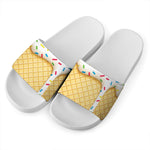 White Ice Cream Melted Print White Slide Sandals