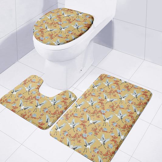 White Japanese Cranes Pattern Print 3 Piece Bath Mat Set