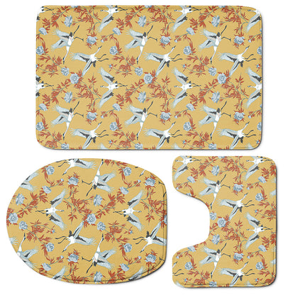 White Japanese Cranes Pattern Print 3 Piece Bath Mat Set