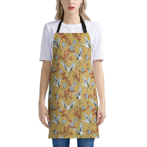 White Japanese Cranes Pattern Print Apron