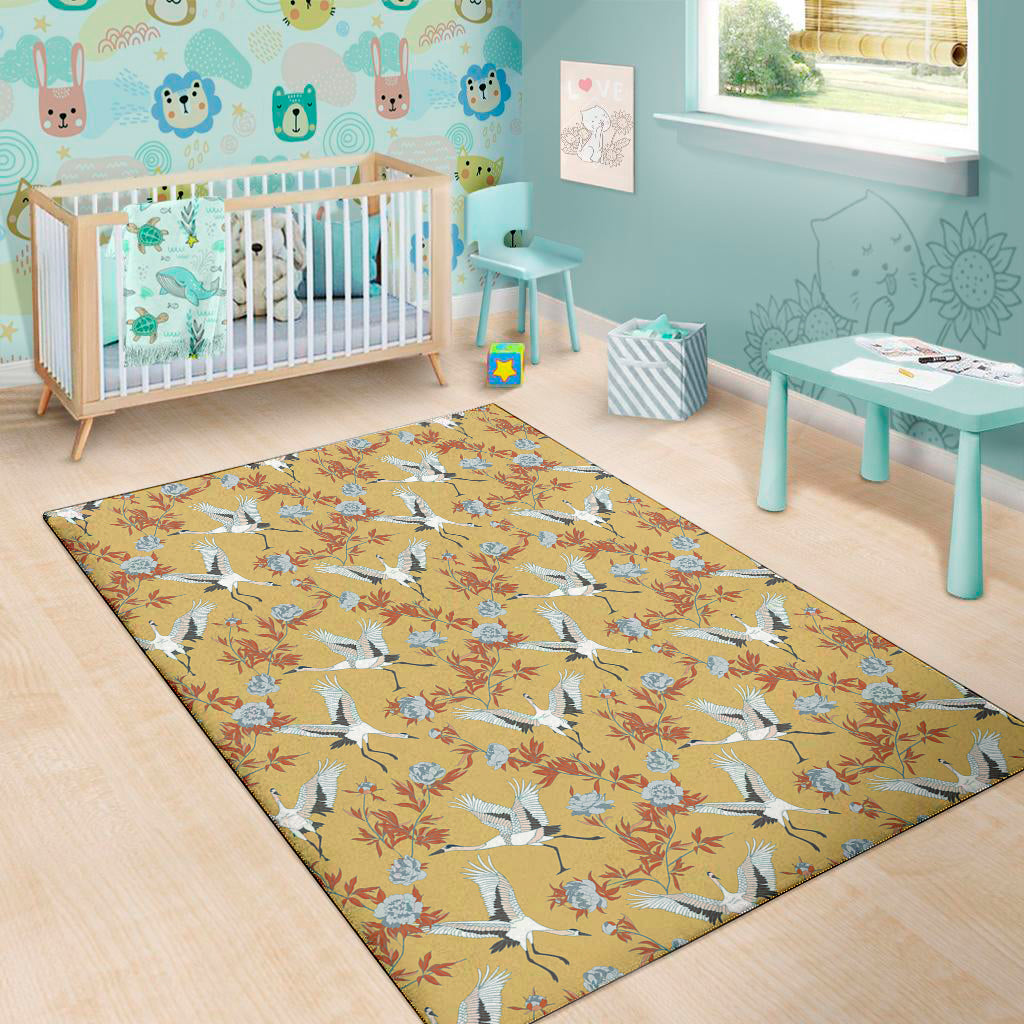 White Japanese Cranes Pattern Print Area Rug