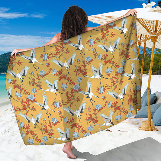 White Japanese Cranes Pattern Print Beach Sarong Wrap