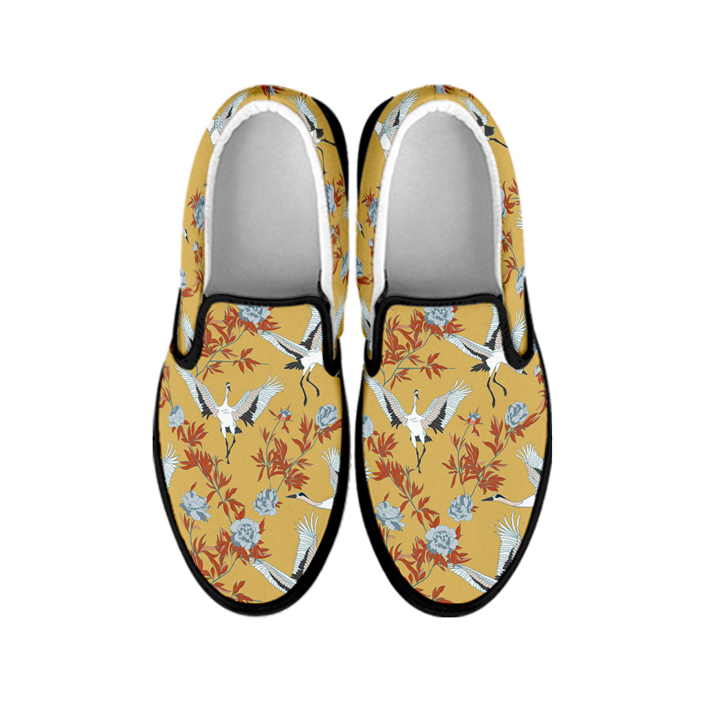 White Japanese Cranes Pattern Print Black Slip On Shoes