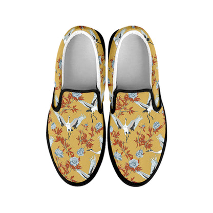 White Japanese Cranes Pattern Print Black Slip On Shoes