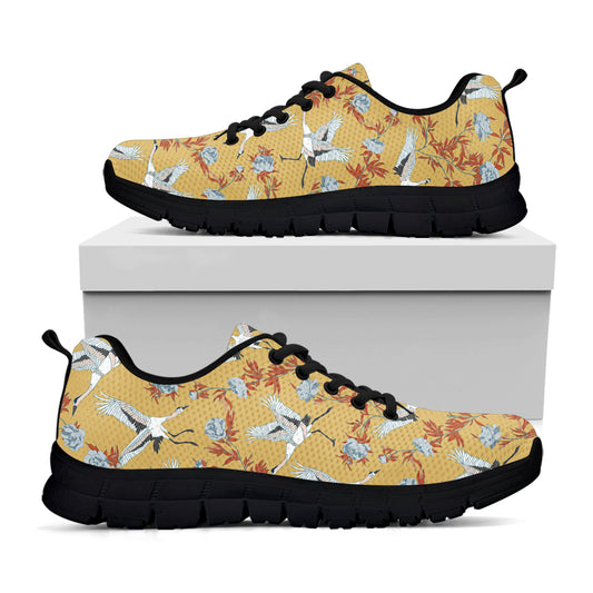 White Japanese Cranes Pattern Print Black Sneakers