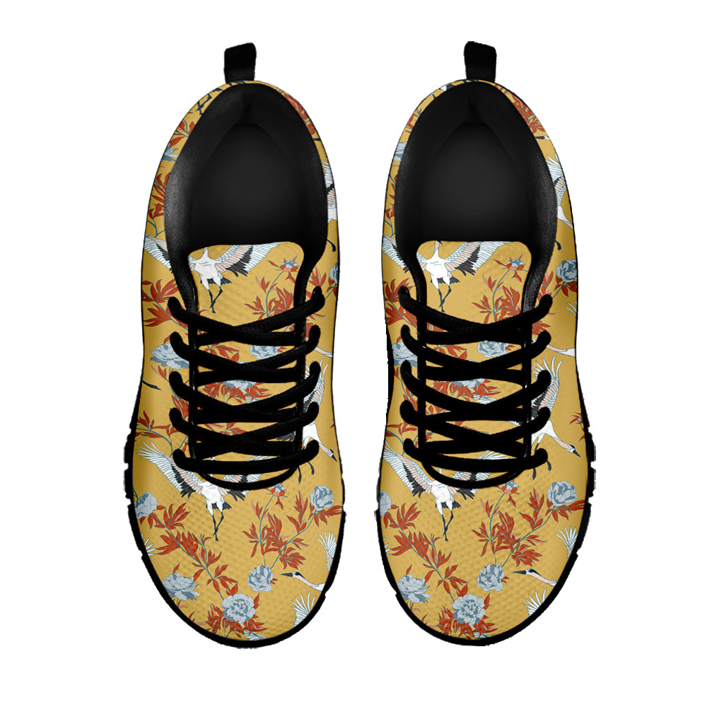 White Japanese Cranes Pattern Print Black Sneakers
